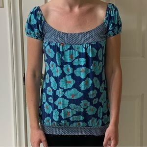 🌷3 for$25🌷Bluenotes, US M, Turquoise, Blue & Orange Floral Scoop Neck Top